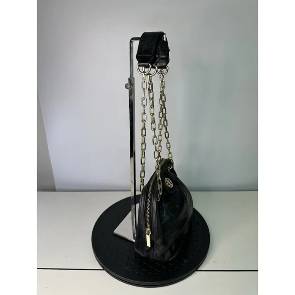 Tory Burch Dena Mini Black Crinkle Leather Crossbody Chain Bag